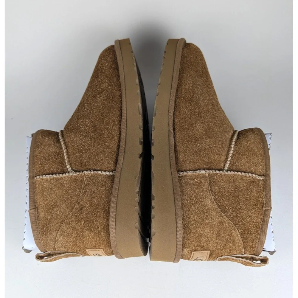 UGG Classic Ultra Mini Fuzzy Suede Boots Mens Size 9 Chestnut Shearling Lined